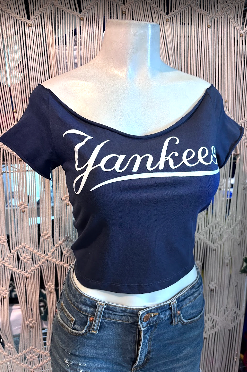 Sports NY Yankee Cut Crop Top, Cotton Spandex