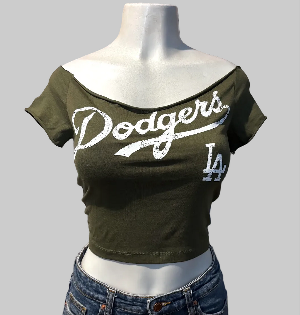 Dodge LA Sport Baseball Cropped Shirt, OLIVE GREEN, Custom, Cotton Spandex